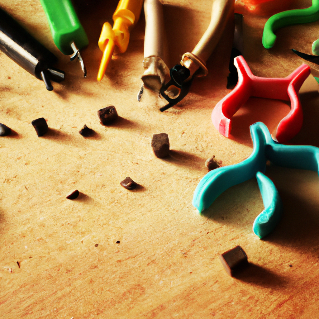 Background: vibrant polymer clay blocks, cutters, and a roller on a wooden table